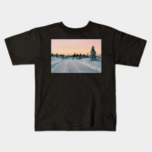 Scandinavian Winter Landscape in Warm Evening Sunlight Shot on Film Kids T-Shirt